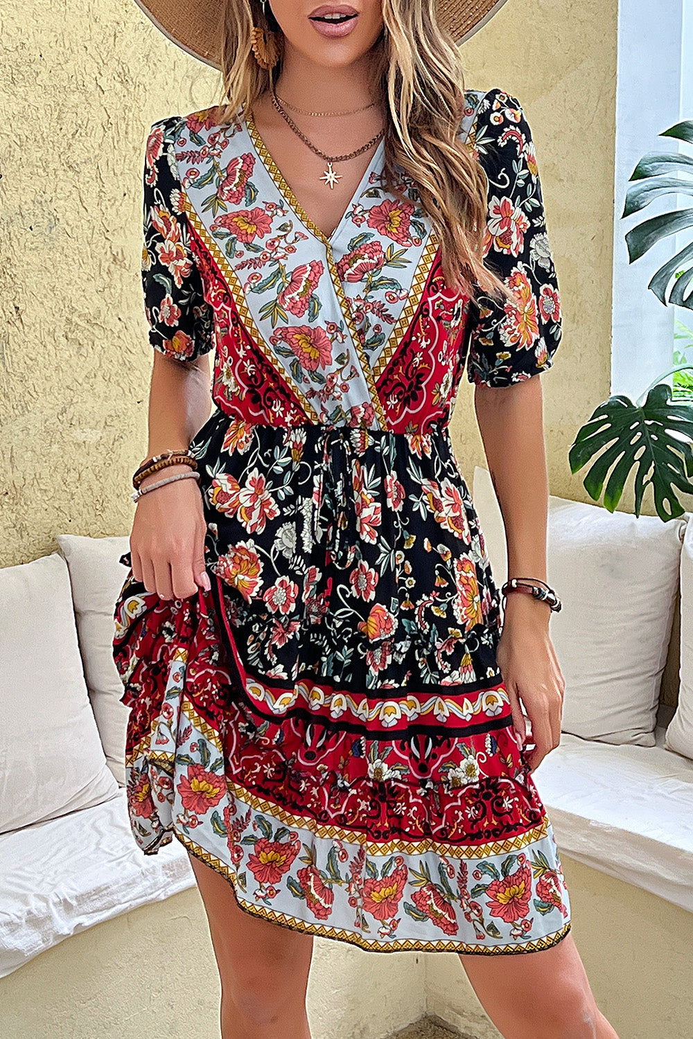 Black Red Printed A Line V Neck Short Summer Dress with Half Sleeves
