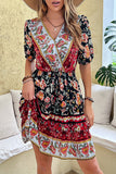 Black Red Printed A Line V Neck Short Summer Dress with Half Sleeves