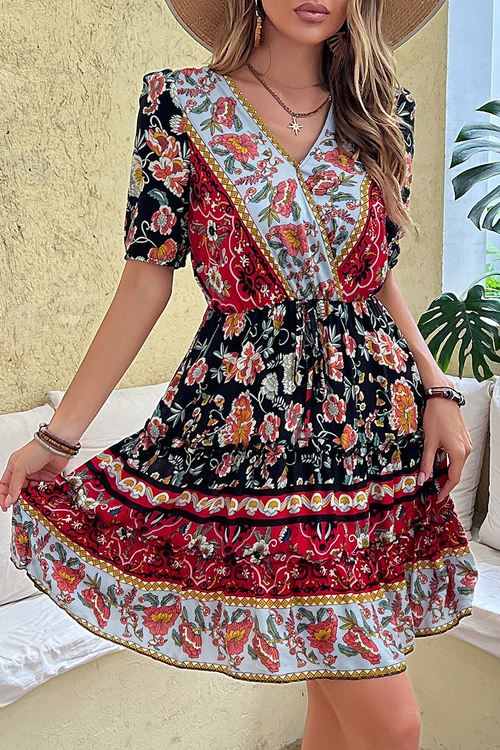 Black Red Printed A Line V Neck Short Summer Dress with Half Sleeves