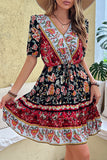 Black Red Printed A Line V Neck Short Summer Dress with Half Sleeves