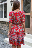 Black Red Printed A Line V Neck Short Summer Dress with Half Sleeves