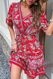 Black Red Printed A Line V Neck Short Summer Dress with Half Sleeves