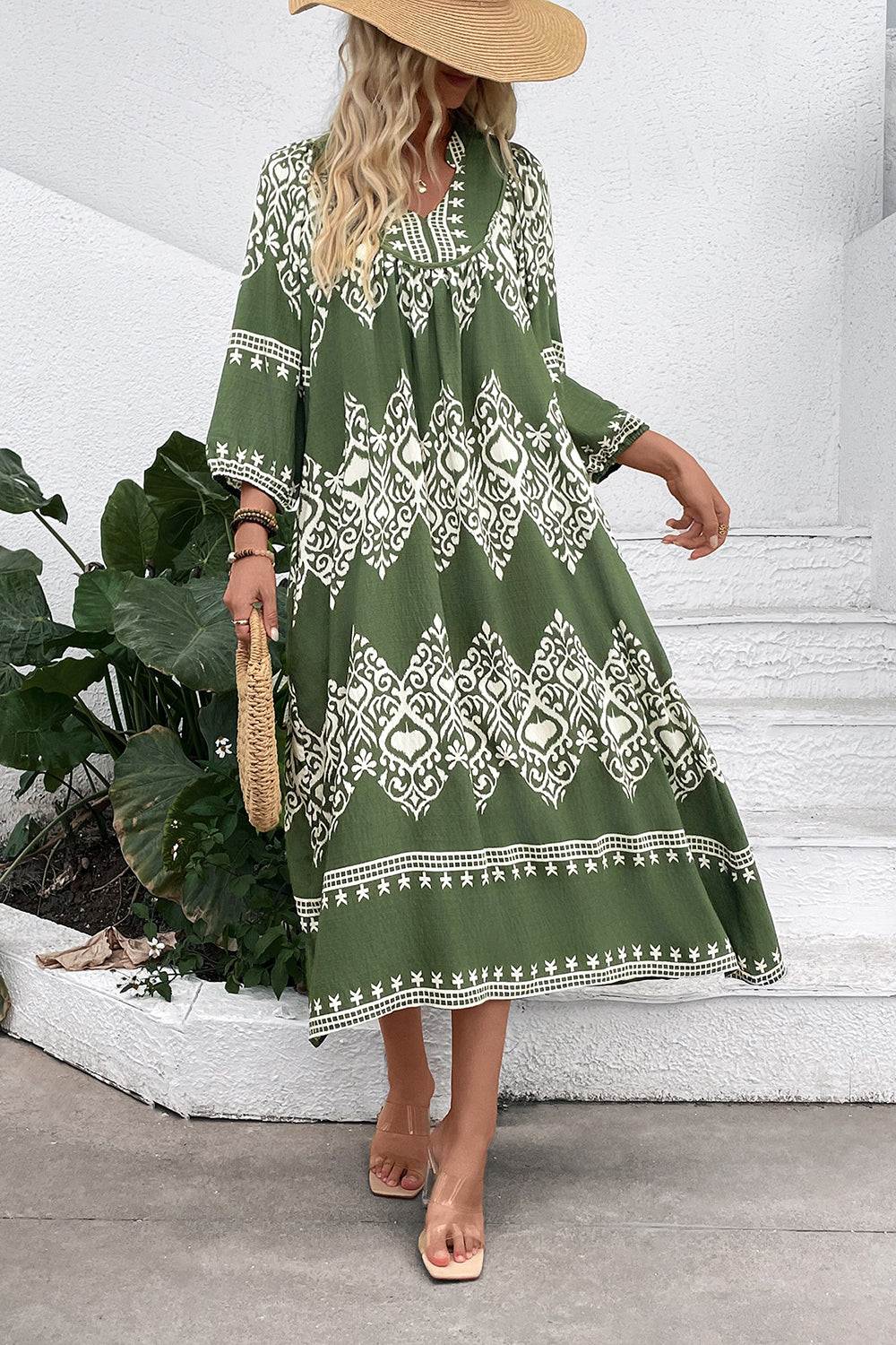 Green Printed A Line V Neck Long Summer Dress with 3/4 Sleeves