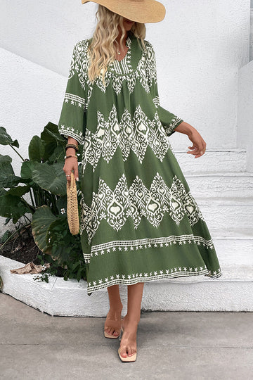 Green Printed A Line V Neck Long Summer Dress with 3/4 Sleeves