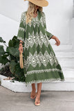 Green Printed A Line V Neck Long Summer Dress with 3/4 Sleeves