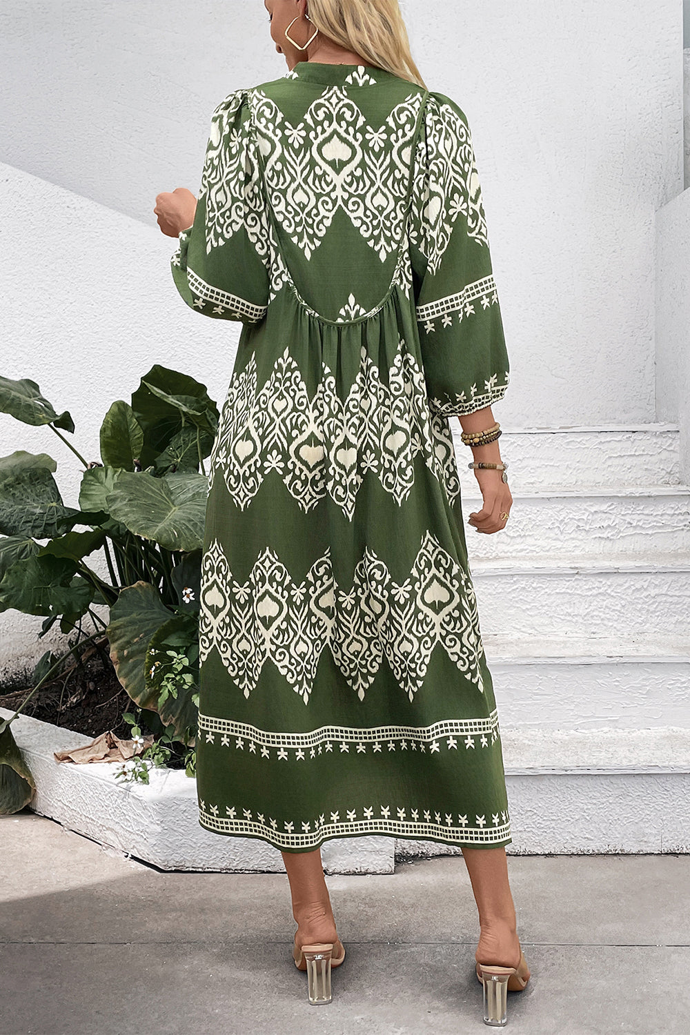 Green Printed A Line V Neck Long Summer Dress with 3/4 Sleeves