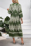 Green Printed A Line V Neck Long Summer Dress with 3/4 Sleeves