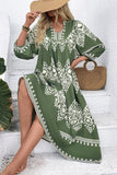 Green Printed A Line V Neck Long Summer Dress with 3/4 Sleeves