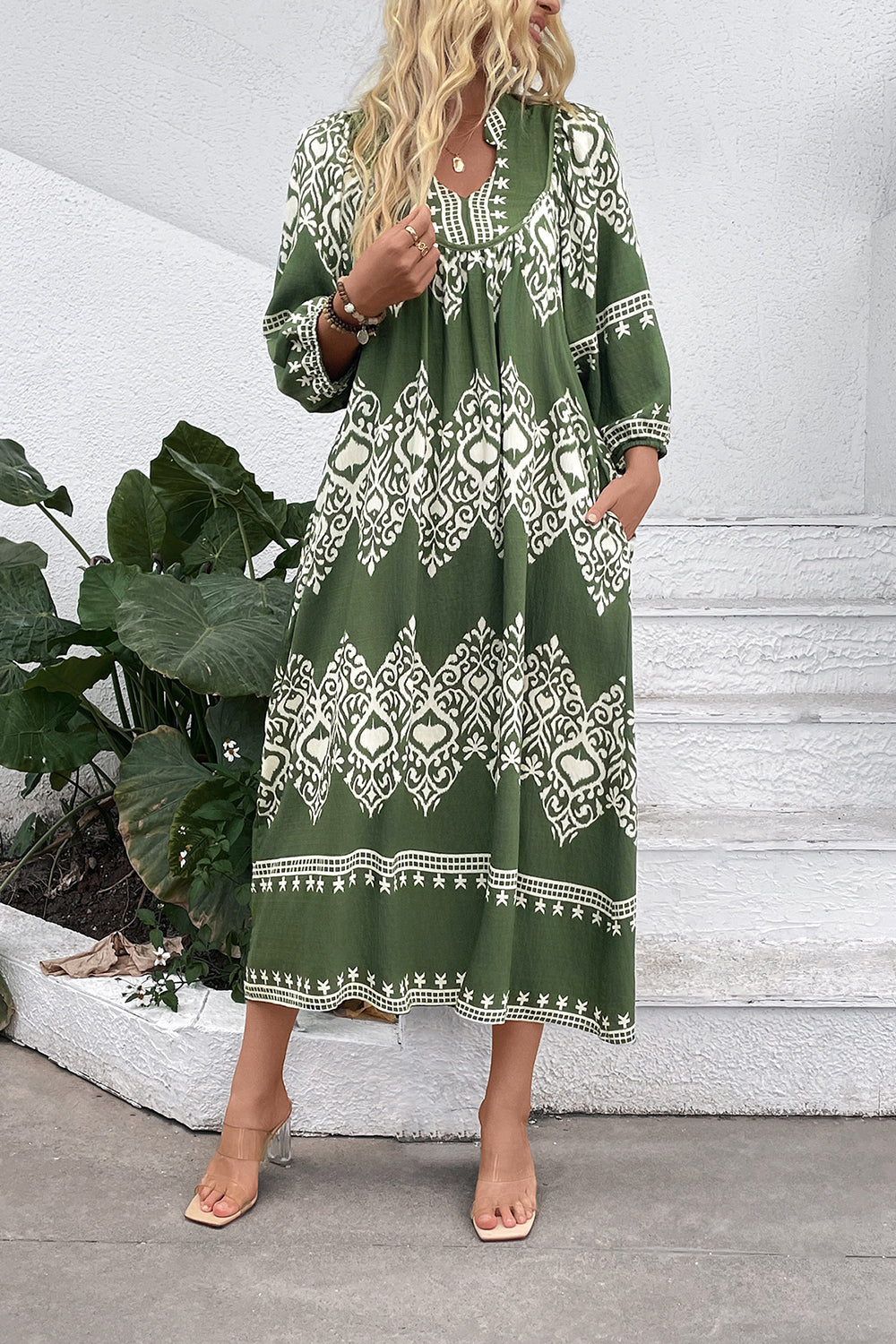 Green Printed A Line V Neck Long Summer Dress with 3/4 Sleeves