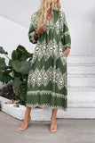 Green Printed A Line V Neck Long Summer Dress with 3/4 Sleeves
