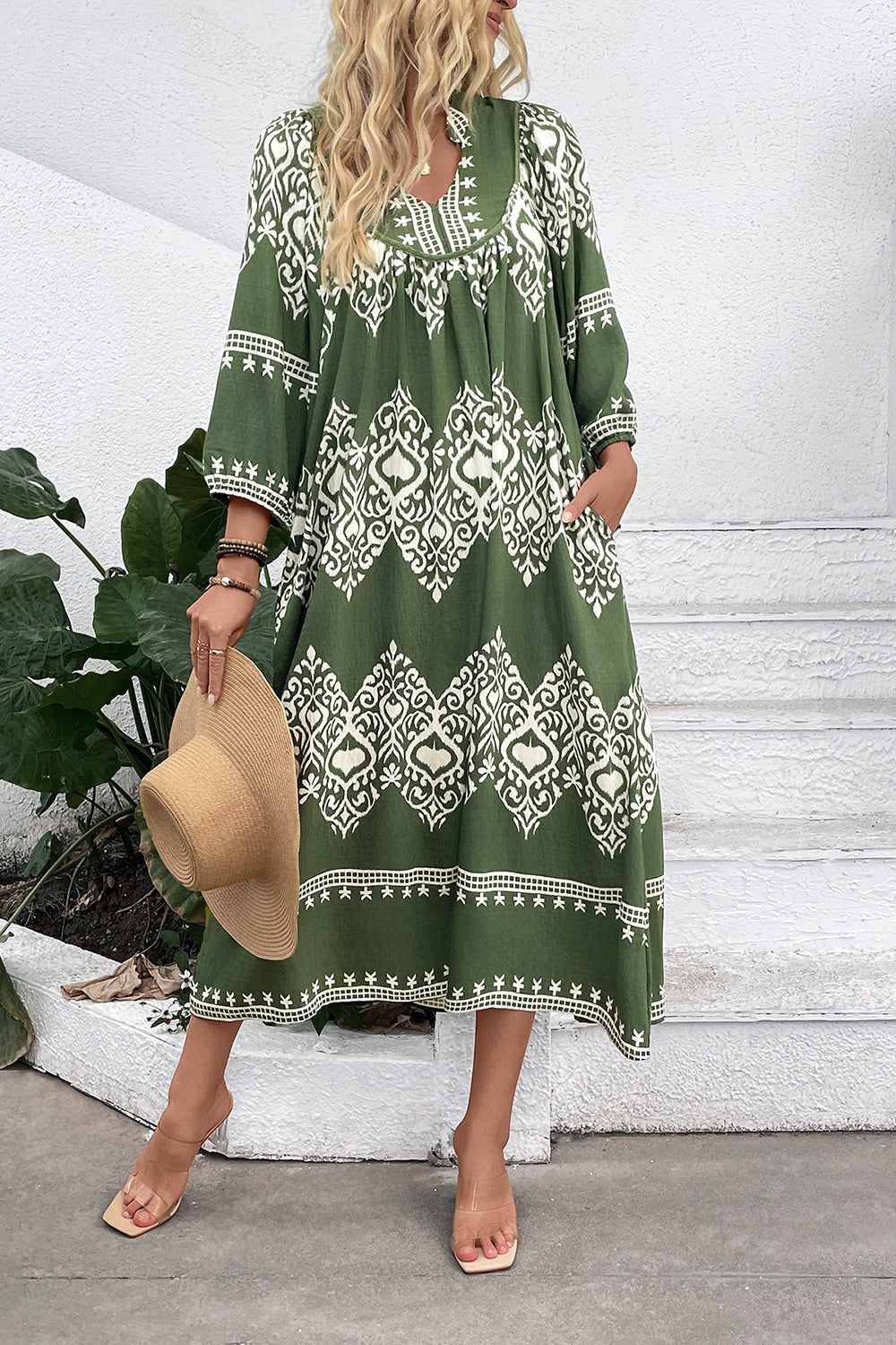 Green Printed A Line V Neck Long Summer Dress with 3/4 Sleeves