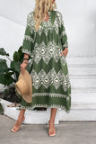 Green Printed A Line V Neck Long Summer Dress with 3/4 Sleeves