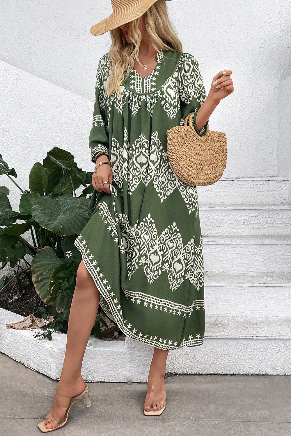 Green Printed A Line V Neck Long Summer Dress with 3/4 Sleeves