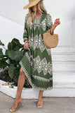 Green Printed A Line V Neck Long Summer Dress with 3/4 Sleeves