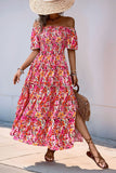 Fuchsia Floral Off the Shoulder A Line Long Summer Dress with Slit