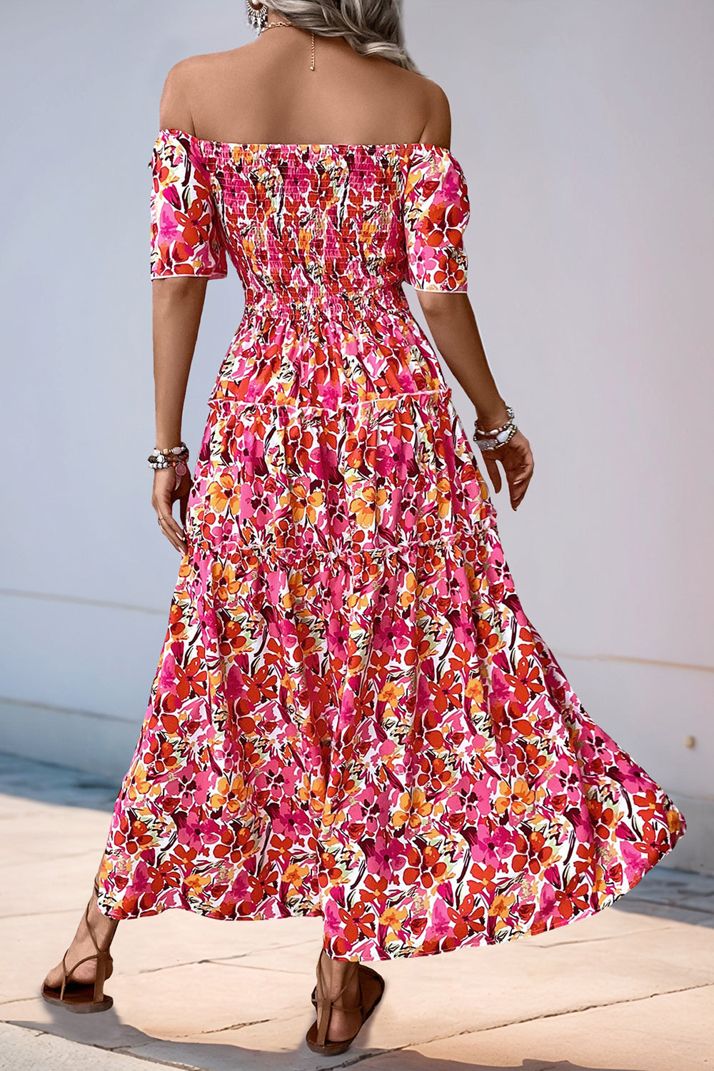 Fuchsia Floral Off the Shoulder A Line Long Summer Dress with Slit