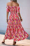 Fuchsia Floral Off the Shoulder A Line Long Summer Dress with Slit