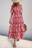 Fuchsia Floral Off the Shoulder A Line Long Summer Dress with Slit
