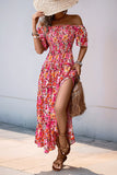 Fuchsia Floral Off the Shoulder A Line Long Summer Dress with Slit