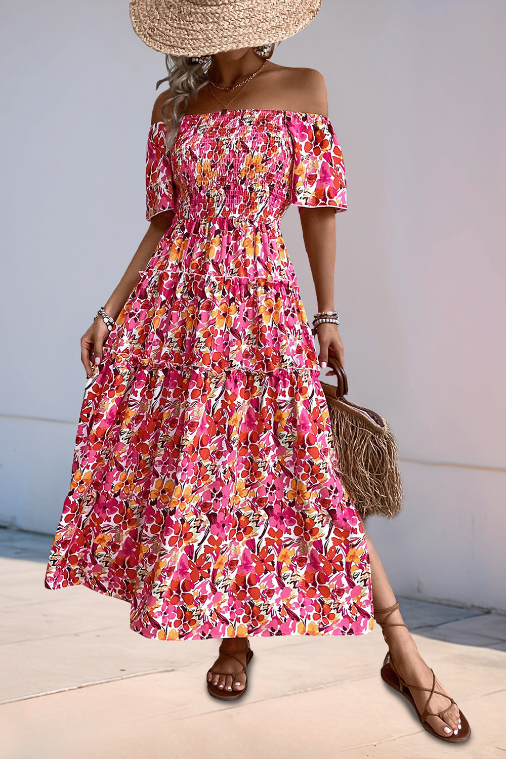Fuchsia Floral Off the Shoulder A Line Long Summer Dress with Slit