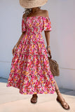 Fuchsia Floral Off the Shoulder A Line Long Summer Dress with Slit