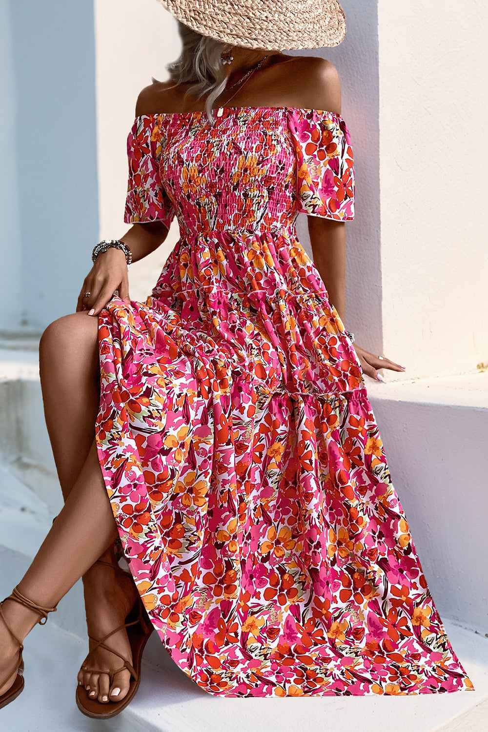 Fuchsia Floral Off the Shoulder A Line Long Summer Dress with Slit