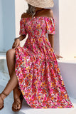 Fuchsia Floral Off the Shoulder A Line Long Summer Dress with Slit