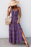 Dark Purple Printed Halter A Line Long Summer Dress with Slit