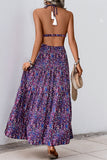Dark Purple Printed Halter A Line Long Summer Dress with Slit