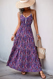 Dark Purple Printed Halter A Line Long Summer Dress with Slit