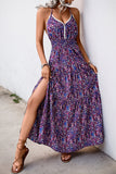 Dark Purple Printed Halter A Line Long Summer Dress with Slit