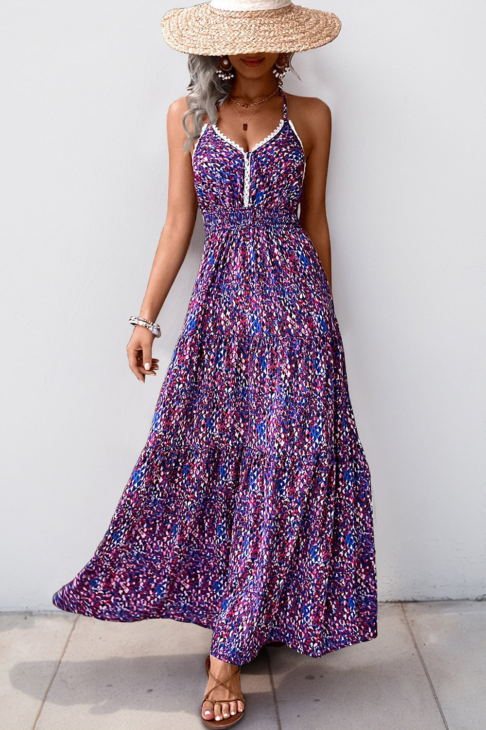Dark Purple Printed Halter A Line Long Summer Dress with Slit
