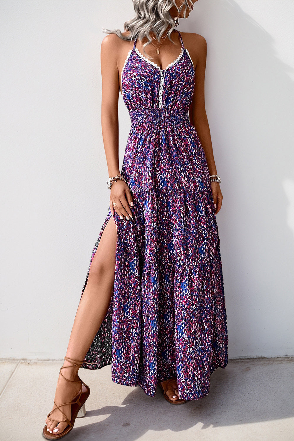 Dark Purple Printed Halter A Line Long Summer Dress with Slit