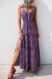 Dark Purple Printed Halter A Line Long Summer Dress with Slit