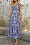 Blue Printed A Line Square Neck Long Summer Dress with Slit