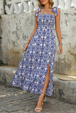 Blue Printed A Line Square Neck Long Summer Dress with Slit