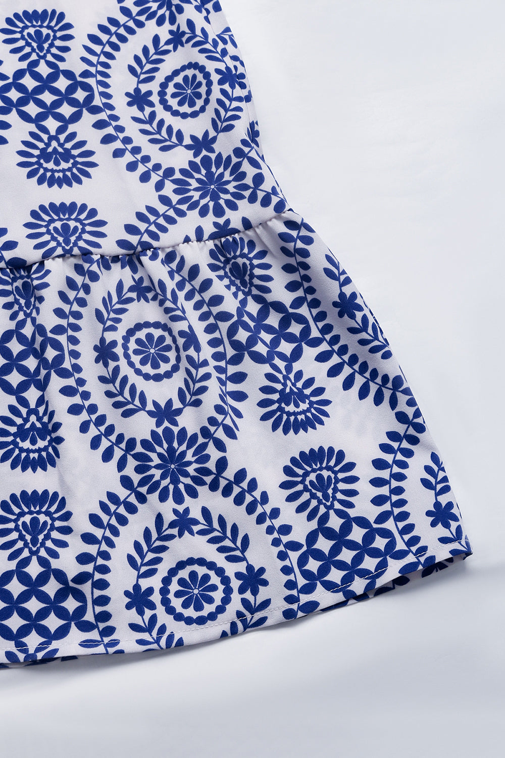 Blue Printed A Line Square Neck Long Summer Dress with Slit