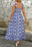 Blue Printed A Line Square Neck Long Summer Dress with Slit