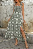 Blue Printed A Line Square Neck Long Summer Dress with Slit