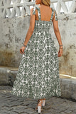 Blue Printed A Line Square Neck Long Summer Dress with Slit