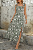 Blue Printed A Line Square Neck Long Summer Dress with Slit