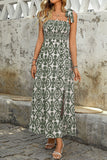 Blue Printed A Line Square Neck Long Summer Dress with Slit