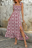 Blue Printed A Line Square Neck Long Summer Dress with Slit