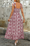 Blue Printed A Line Square Neck Long Summer Dress with Slit