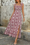 Blue Printed A Line Square Neck Long Summer Dress with Slit