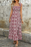 Blue Printed A Line Square Neck Long Summer Dress with Slit