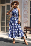 Dark Blue Floral Halter A Line Long Summer Dress with Keyhole