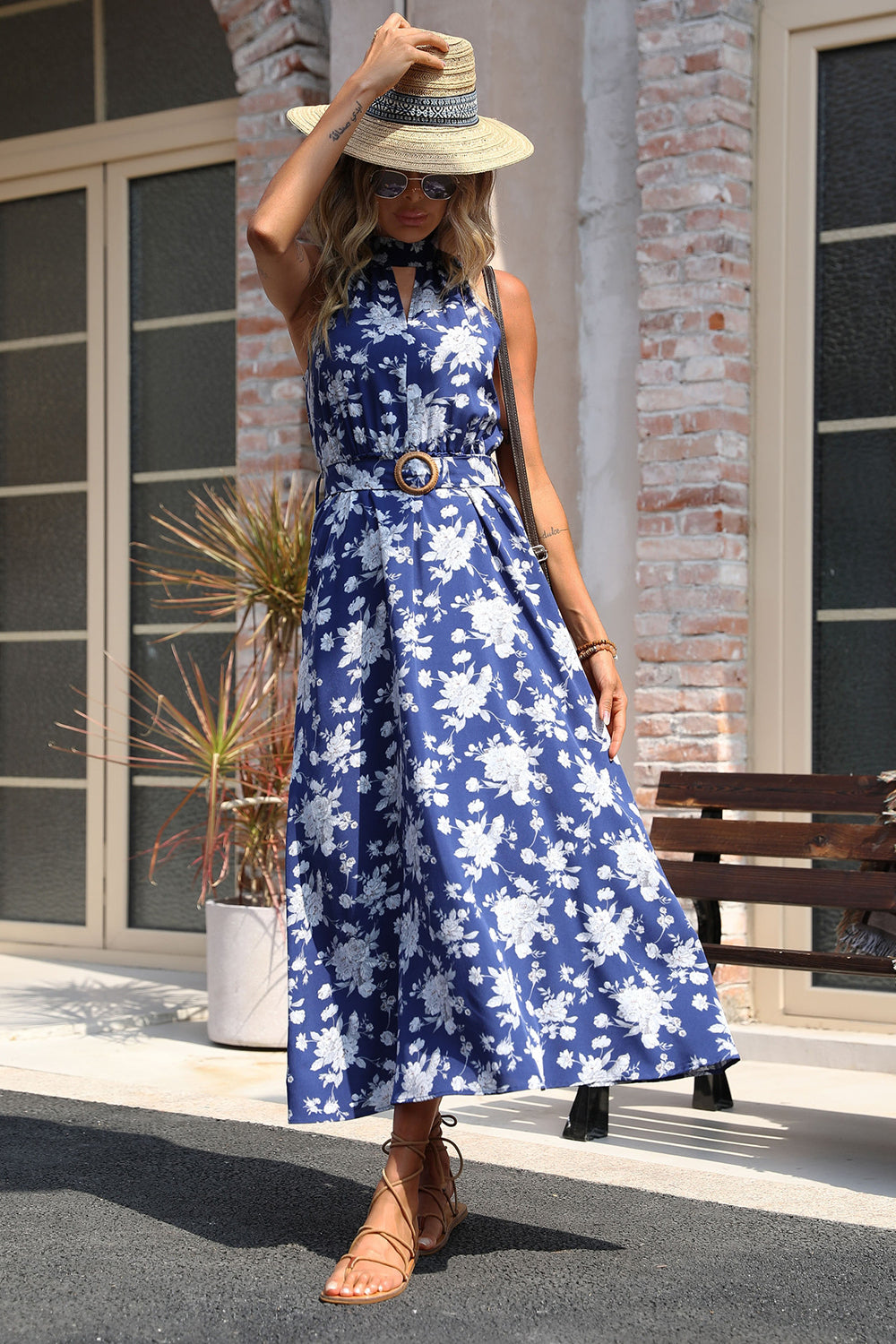 Dark Blue Floral Halter A Line Long Summer Dress with Keyhole