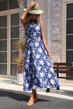 Dark Blue Floral Halter A Line Long Summer Dress with Keyhole