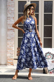 Dark Blue Floral Halter A Line Long Summer Dress with Keyhole